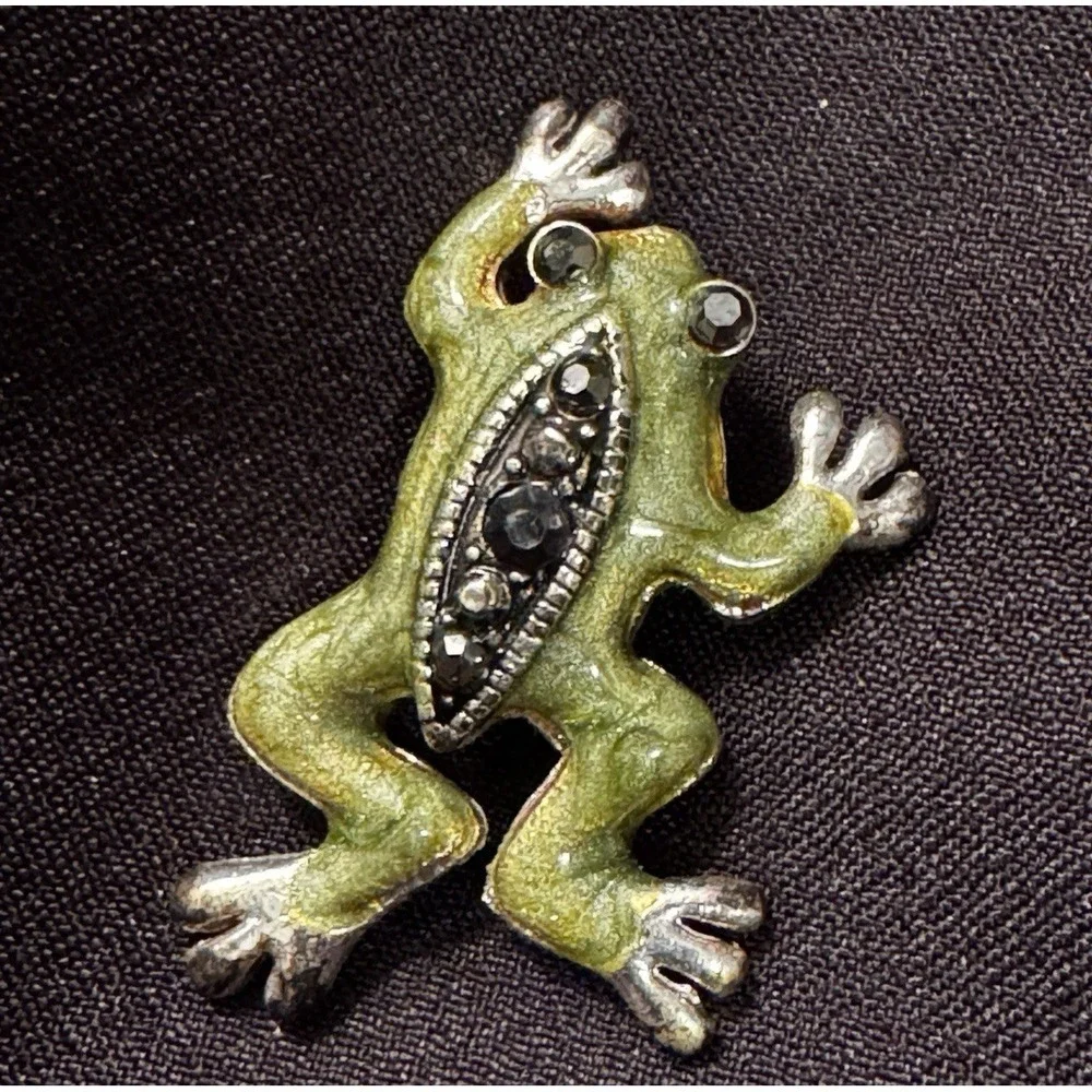 Vintage Style Green Enamel Frog Brooch‎ Black Rhinestone Silver Tone Animal Pin